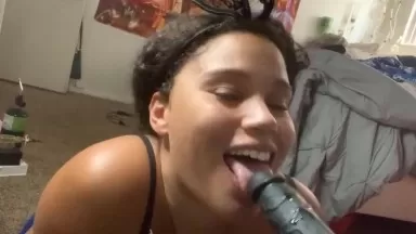Innocent black bunny loves to suck and hop on her sex toys
